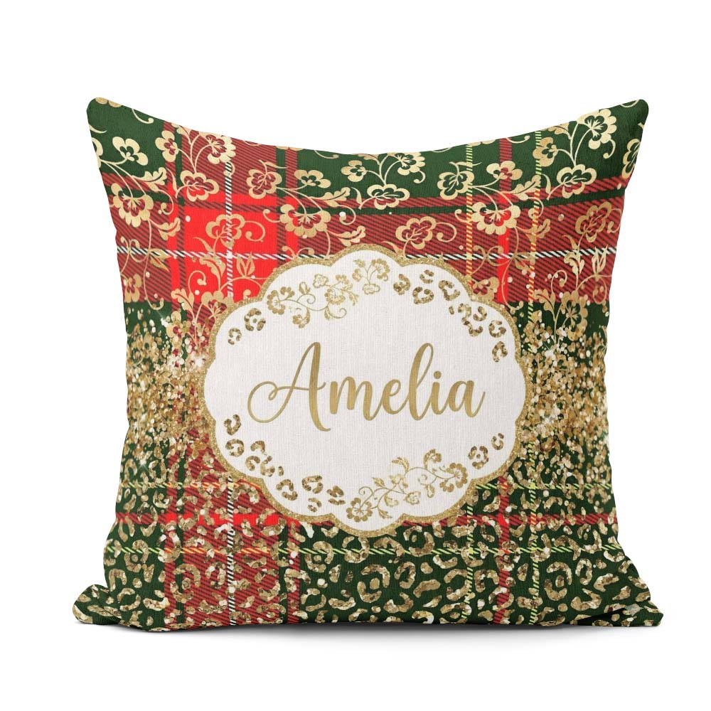 Custom Name Festive Plaid Gold Floral Glitter Christmas Seamless Square Filled Cushion Throw Pillow Sofa Bed Home Decor Zip Washable UK Made