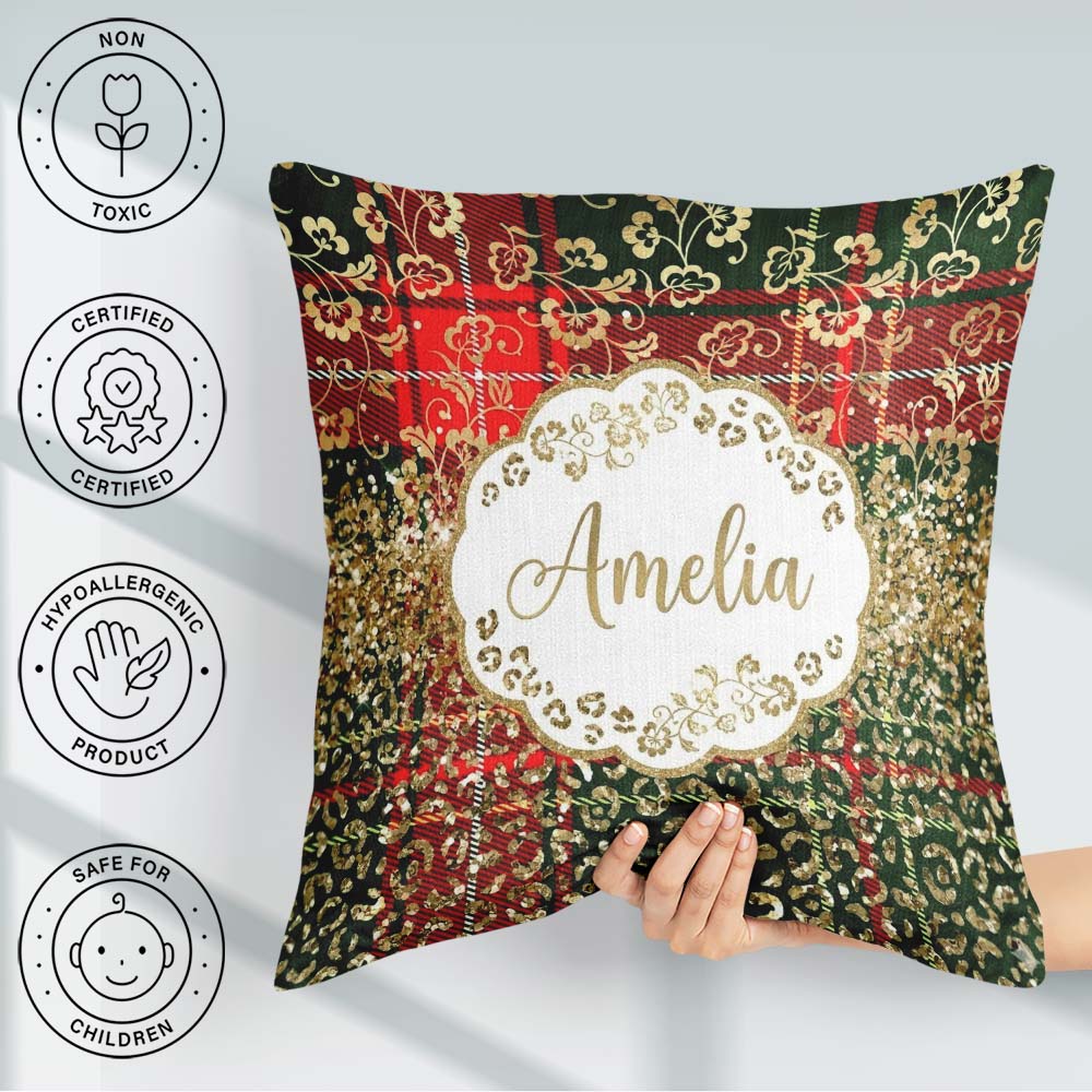 Custom Name Festive Plaid Gold Floral Glitter Christmas Seamless Square Filled Cushion Throw Pillow Sofa Bed Home Decor Zip Washable UK Made