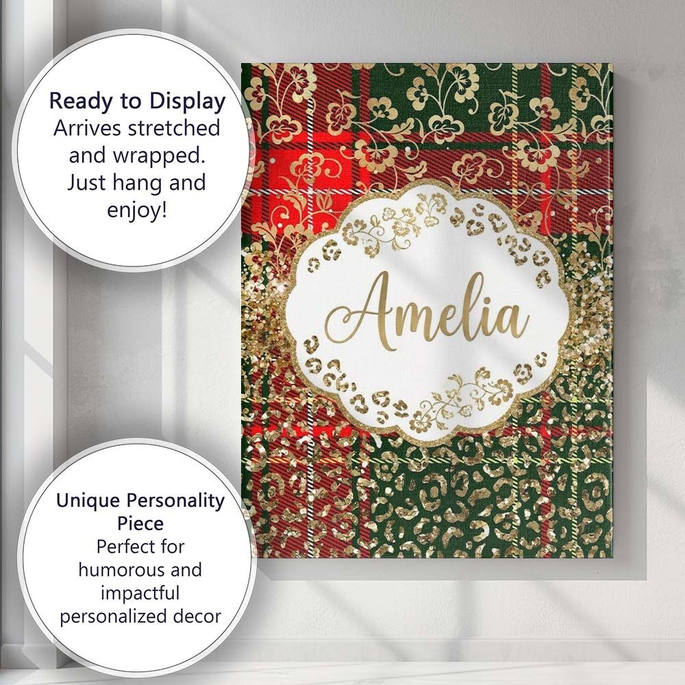 Personalised Name Festive Plaid Gold Floral Custom Bespoke Interior Contemporary Canvas Wall Art Print Decor Picture Ready to Hang