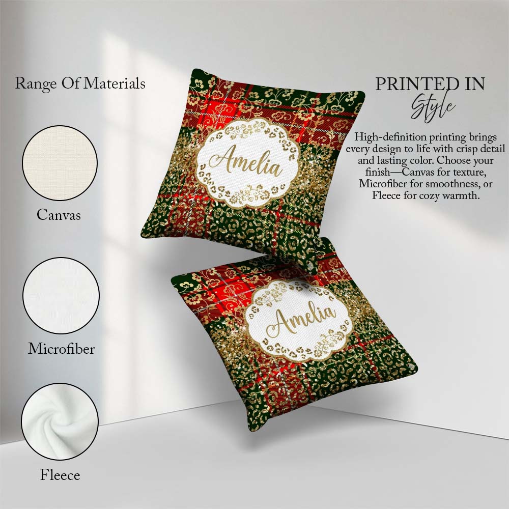 Custom Name Festive Plaid Gold Floral Glitter Christmas Seamless Square Filled Cushion Throw Pillow Sofa Bed Home Decor Zip Washable UK Made