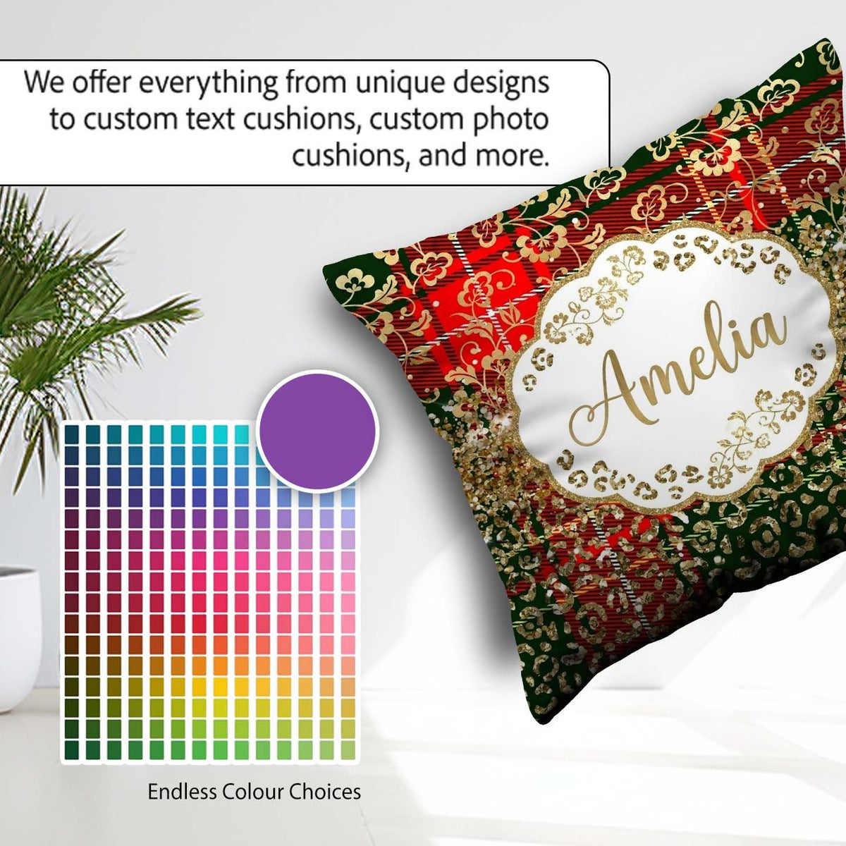 Custom Name Festive Plaid Gold Floral Glitter Christmas Seamless Square Filled Cushion Throw Pillow Sofa Bed Home Decor Zip Washable UK Made