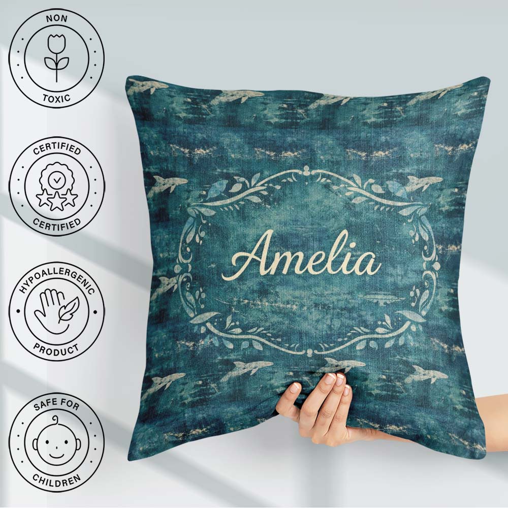 Custom Name Dark Ocean Whale Seamless Pattern Deep Marine Animal Square Filled Cushion Throw Pillow Sofa Bed Home Decor Zip Washable UK Made