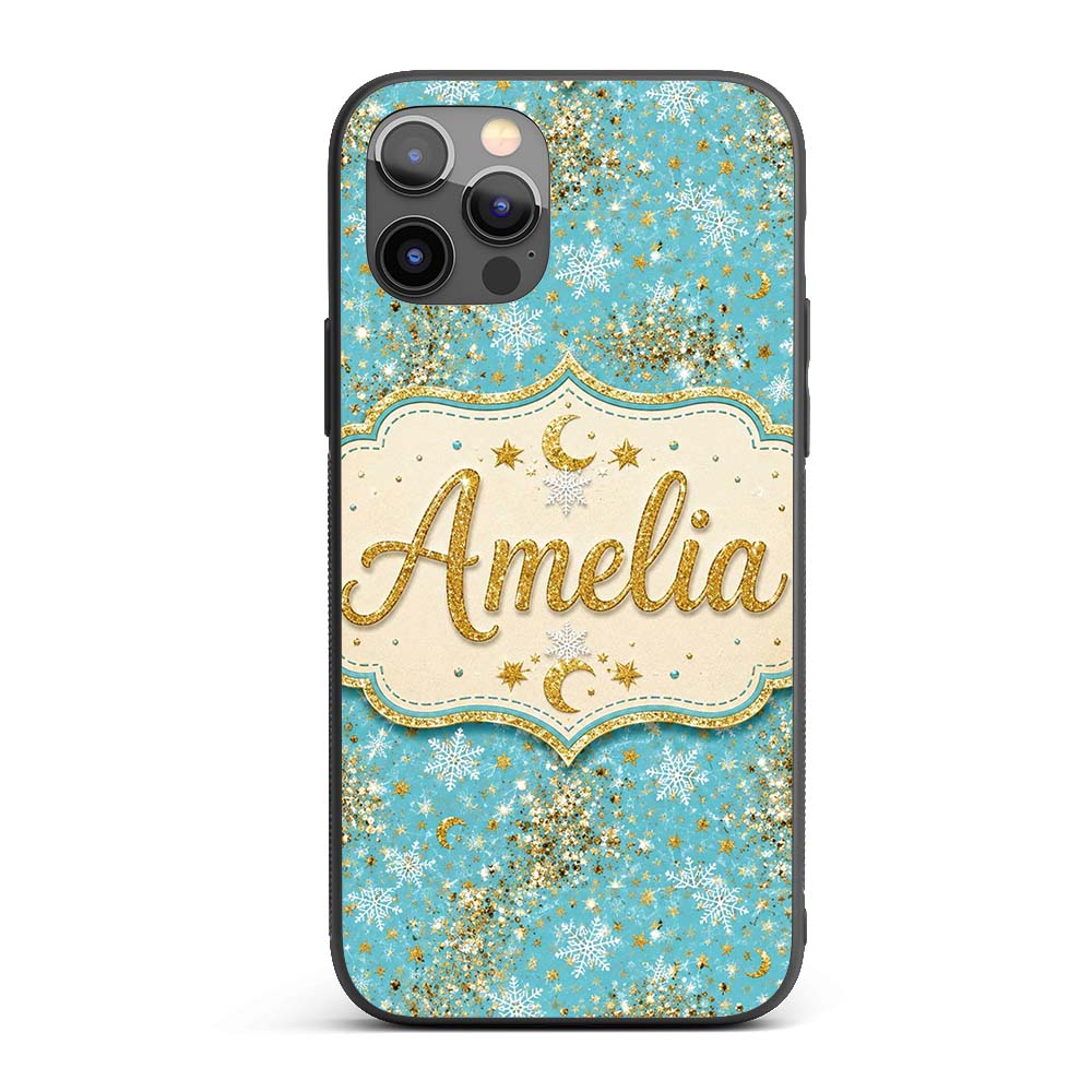 Light Blue Gold Snowflake Star Glitter Christmas Custom Name Protective Phone Case Mobile Cover Durable Everyday Smartphone Shock Resistant