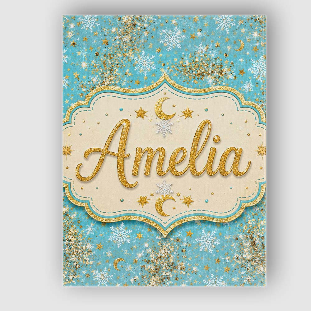 Personalised Name Light Blue Gold Snowflake Custom Bespoke Interior Contemporary Canvas Wall Art Print Decor Picture Ready to Hang