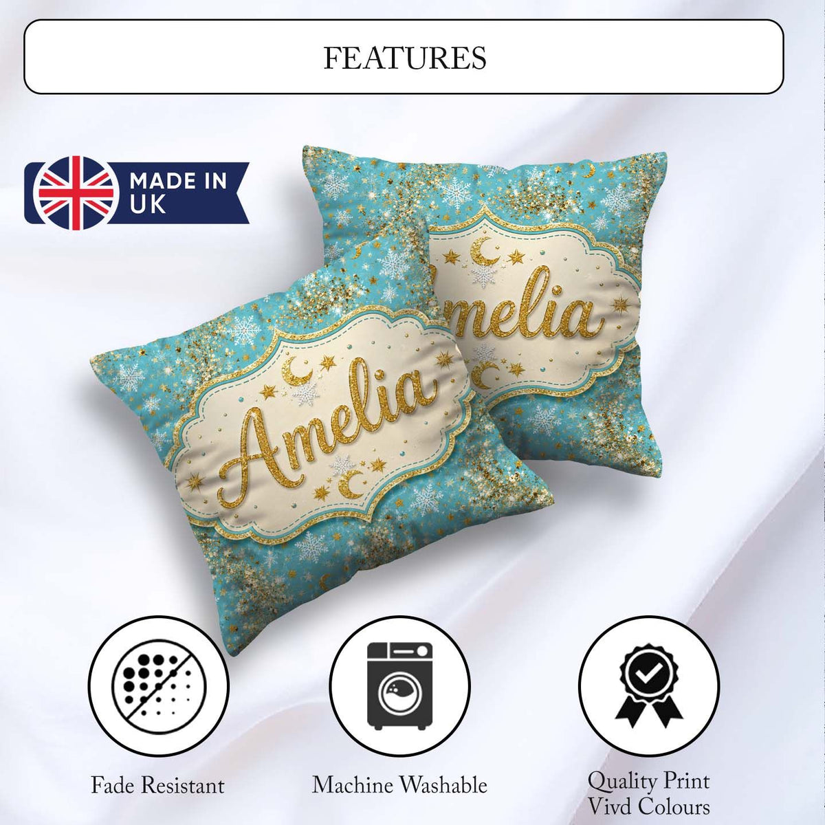 Custom Name Light Blue Gold Snowflake Glitter Christmas Seamless Square Filled Cushion Throw Pillow Sofa Bed Home Decor Zip Washable UK Made