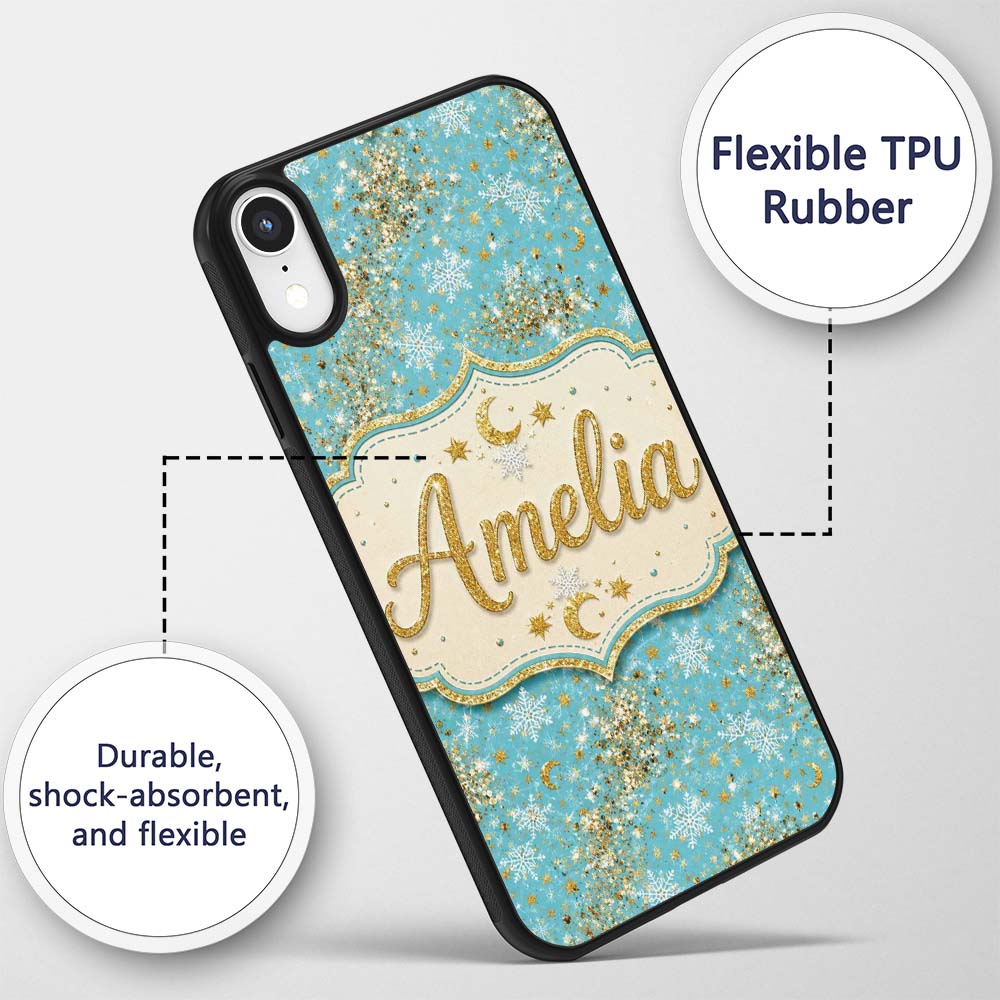 Light Blue Gold Snowflake Star Glitter Christmas Custom Name Protective Phone Case Mobile Cover Durable Everyday Smartphone Shock Resistant