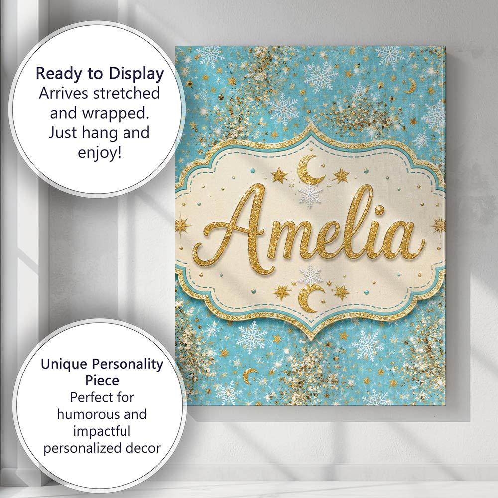 Personalised Name Light Blue Gold Snowflake Custom Bespoke Interior Contemporary Canvas Wall Art Print Decor Picture Ready to Hang