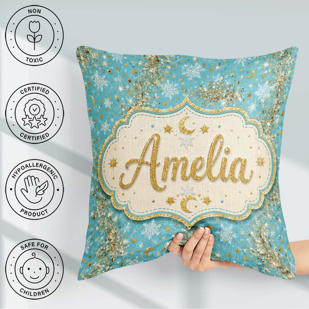 Custom Name Light Blue Gold Snowflake Glitter Christmas Seamless Square Filled Cushion Throw Pillow Sofa Bed Home Decor Zip Washable UK Made