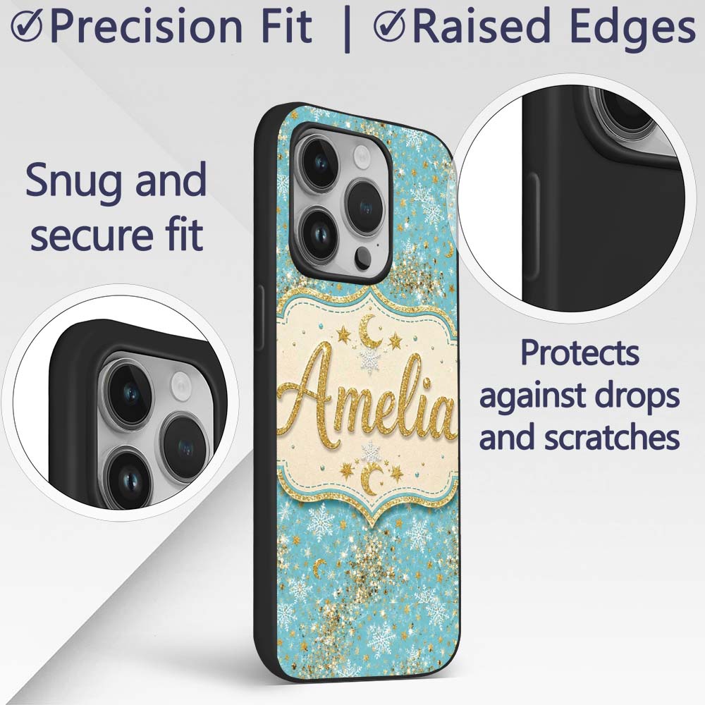 Light Blue Gold Snowflake Star Glitter Christmas Custom Name Protective Phone Case Mobile Cover Durable Everyday Smartphone Shock Resistant