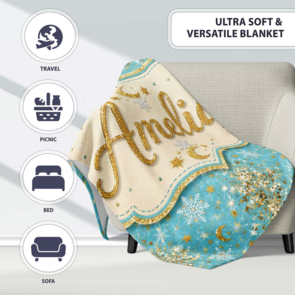 Light Blue Gold Snowflake Star Glitter Christmas Seamless Pattern Personalised Custom Name Super Soft Fleece Blanket Bed Sofa Throw