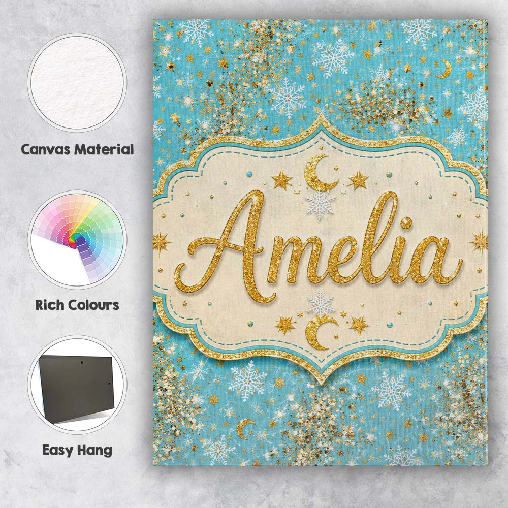 Personalised Name Light Blue Gold Snowflake Custom Bespoke Interior Contemporary Canvas Wall Art Print Decor Picture Ready to Hang