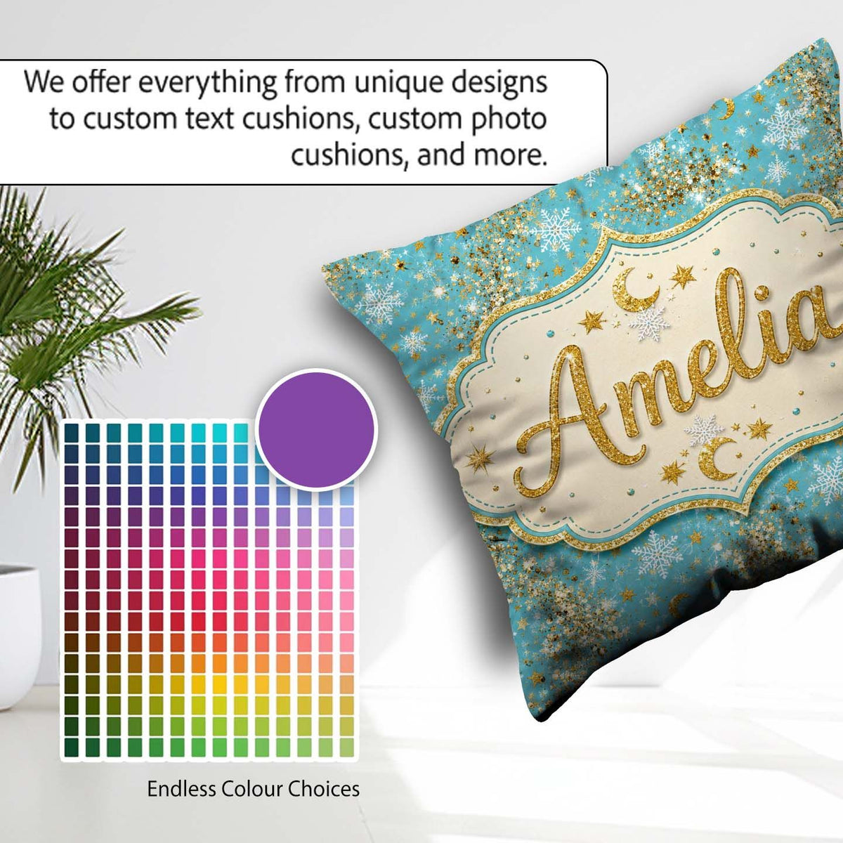 Custom Name Light Blue Gold Snowflake Glitter Christmas Seamless Square Filled Cushion Throw Pillow Sofa Bed Home Decor Zip Washable UK Made