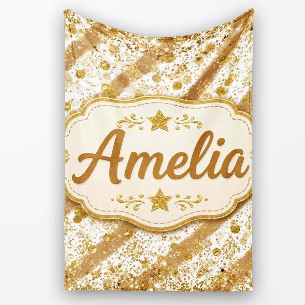 Gold Glitter Damask Stripe Elegant Seamless Pattern Cute Unique Gift Personalised Custom Name Super Soft Fleece Blanket Bed Sofa Throw