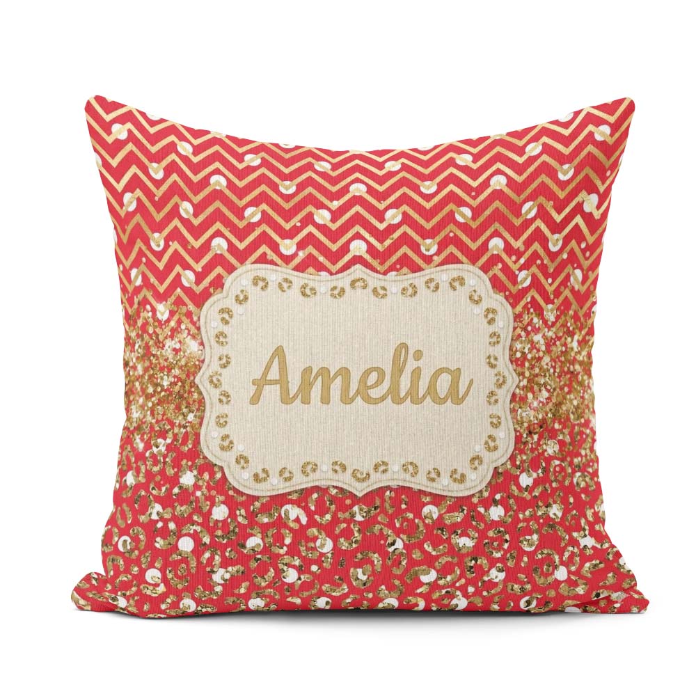 Custom Name Red Gold Chevron Leopard Glitter Christmas Seamless Square Filled Cushion Throw Pillow Sofa Bed Home Decor Zip Washable UK Made