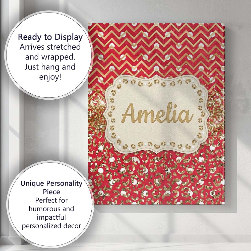 Personalised Name Red Gold Chevron Leopard Custom Unique Gift Idea Elegant Feature Canvas Wall Art Print Decor Picture Ready to Hang