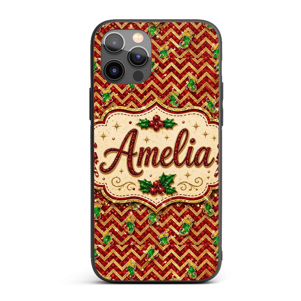 Festive Red Chevron Gingerbread Leopard Glitter Custom Name Protective Phone Case Mobile Cover Durable Everyday Smartphone Shock Resistant