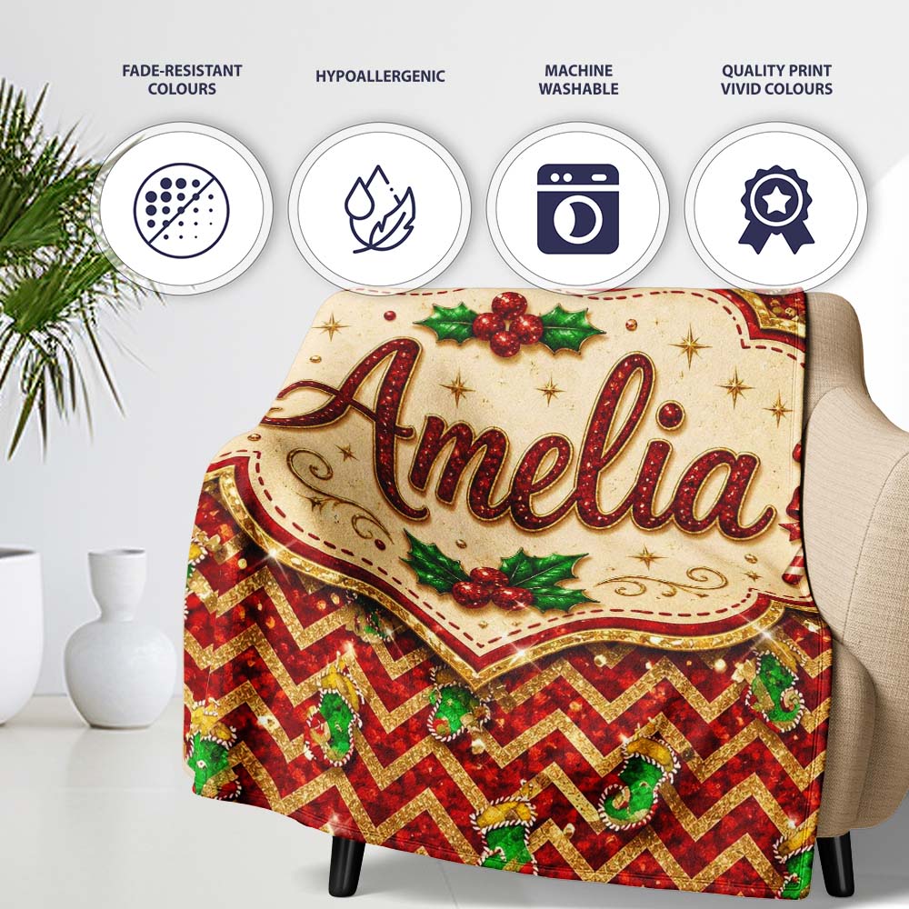 Festive Red Chevron Gingerbread Leopard Glitter Seamless Pattern Personalised Custom Name Super Soft Fleece Blanket Bed Sofa Throw