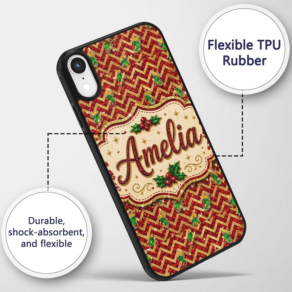 Festive Red Chevron Gingerbread Leopard Glitter Custom Name Protective Phone Case Mobile Cover Durable Everyday Smartphone Shock Resistant