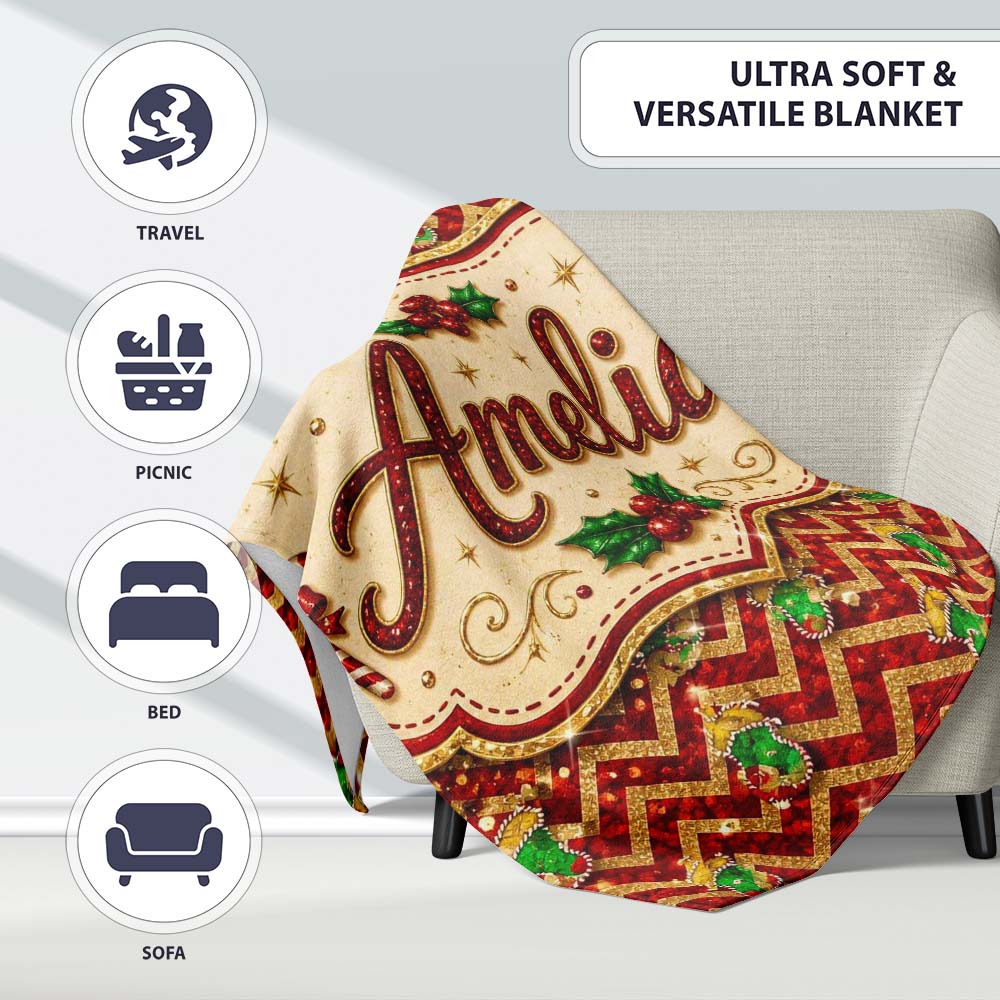 Festive Red Chevron Gingerbread Leopard Glitter Seamless Pattern Personalised Custom Name Super Soft Fleece Blanket Bed Sofa Throw