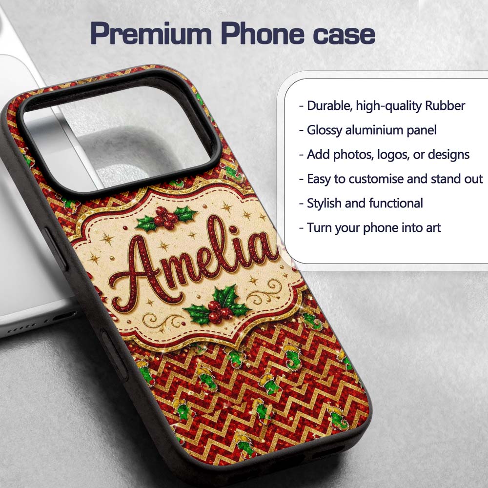 Festive Red Chevron Gingerbread Leopard Glitter Custom Name Protective Phone Case Mobile Cover Durable Everyday Smartphone Shock Resistant