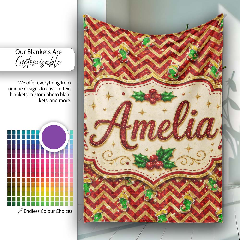 Festive Red Chevron Gingerbread Leopard Glitter Seamless Pattern Personalised Custom Name Super Soft Fleece Blanket Bed Sofa Throw