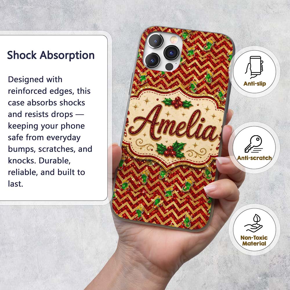 Festive Red Chevron Gingerbread Leopard Glitter Custom Name Protective Phone Case Mobile Cover Durable Everyday Smartphone Shock Resistant