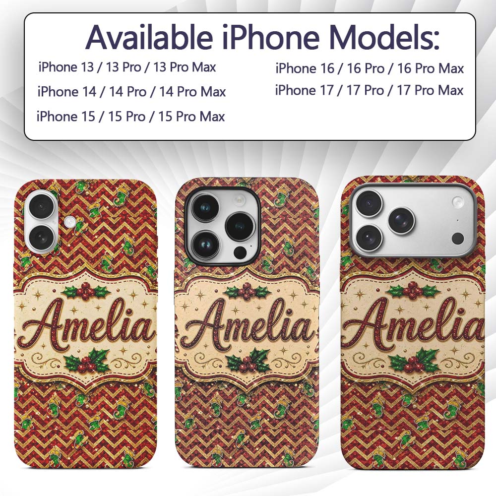 Festive Red Chevron Gingerbread Leopard Glitter Custom Name Protective Phone Case Mobile Cover Durable Everyday Smartphone Shock Resistant