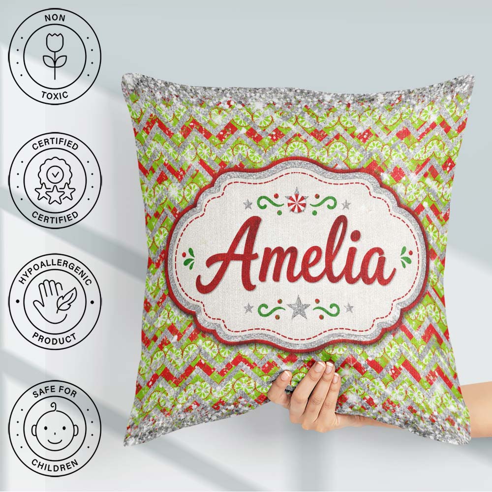 Custom Name Green Red Chevron Glitter Christmas Seamless Pattern Square Filled Cushion Throw Pillow Sofa Bed Home Decor Zip Washable UK Made