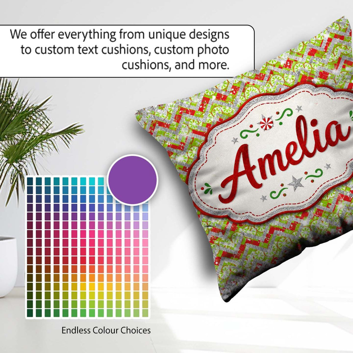 Custom Name Green Red Chevron Glitter Christmas Seamless Pattern Square Filled Cushion Throw Pillow Sofa Bed Home Decor Zip Washable UK Made