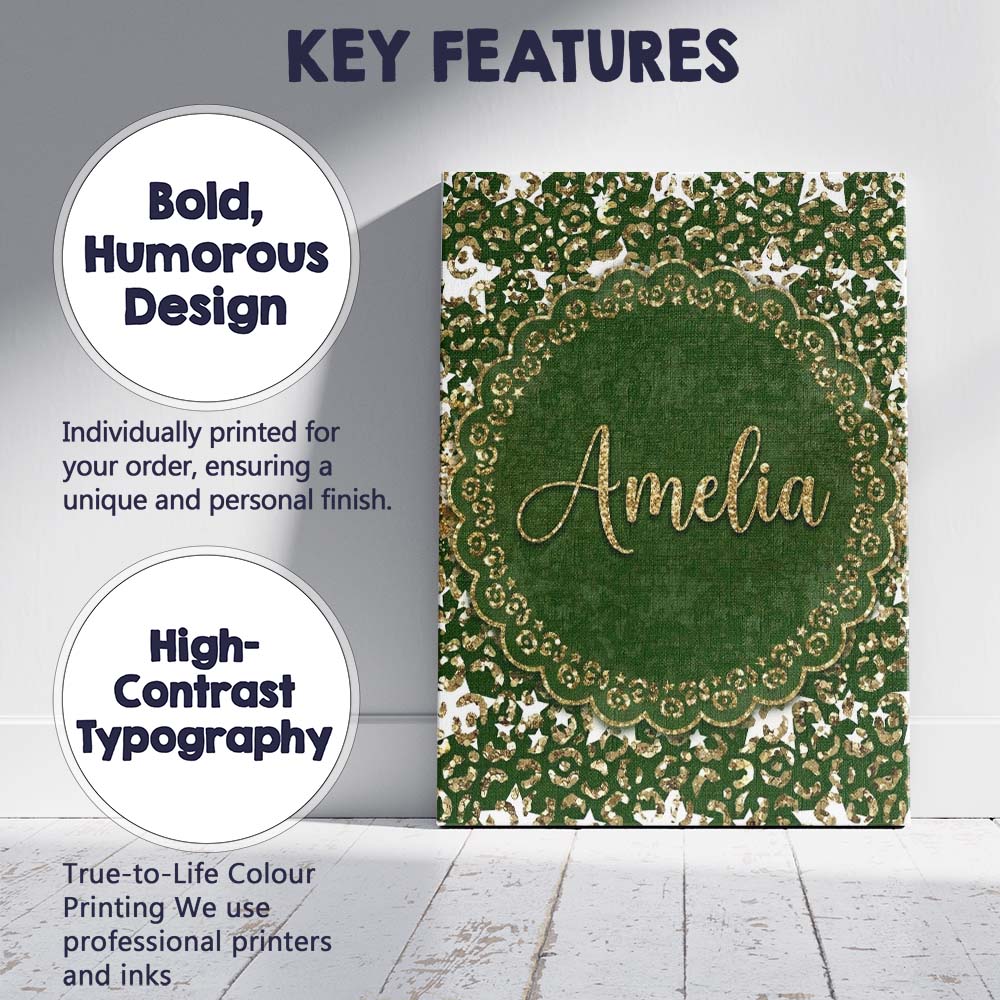 Personalised Name Green Leopard Gold Custom Premium Decorative Design Modern Room Accent Canvas Wall Art Print Decor Picture Ready to Hang