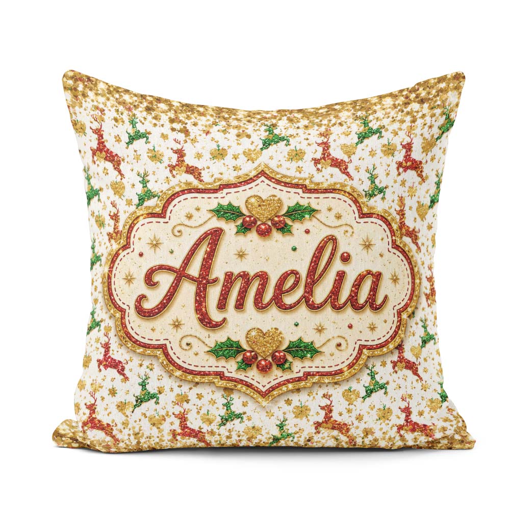 Custom Name Festive Reindeer Heart Gold Glitter Seamless Pattern Square Filled Cushion Throw Pillow Sofa Bed Home Decor Zip Washable UK Made