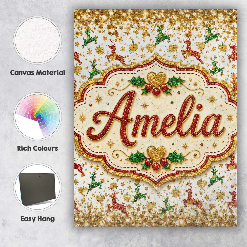 Personalised Name Festive Reindeer Heart Custom Unique Gift Idea Elegant Feature Canvas Wall Art Print Decor Picture Ready to Hang