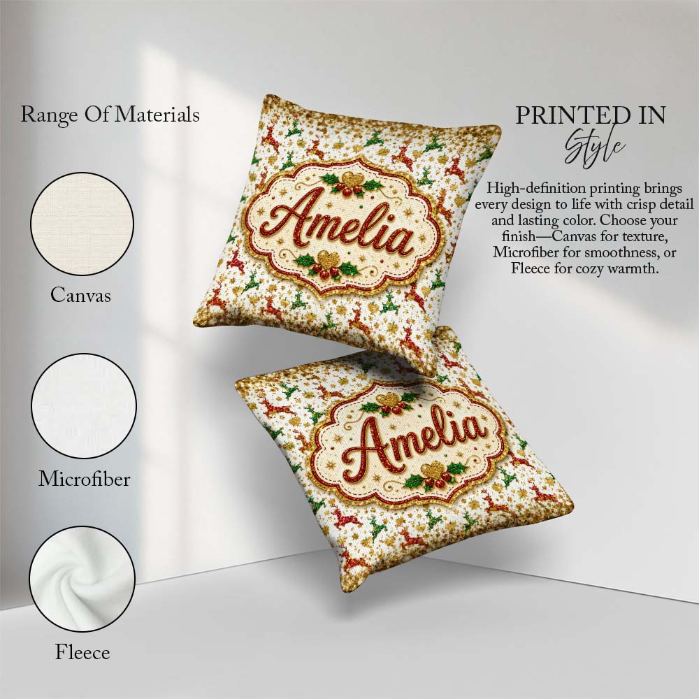 Custom Name Festive Reindeer Heart Gold Glitter Seamless Pattern Square Filled Cushion Throw Pillow Sofa Bed Home Decor Zip Washable UK Made