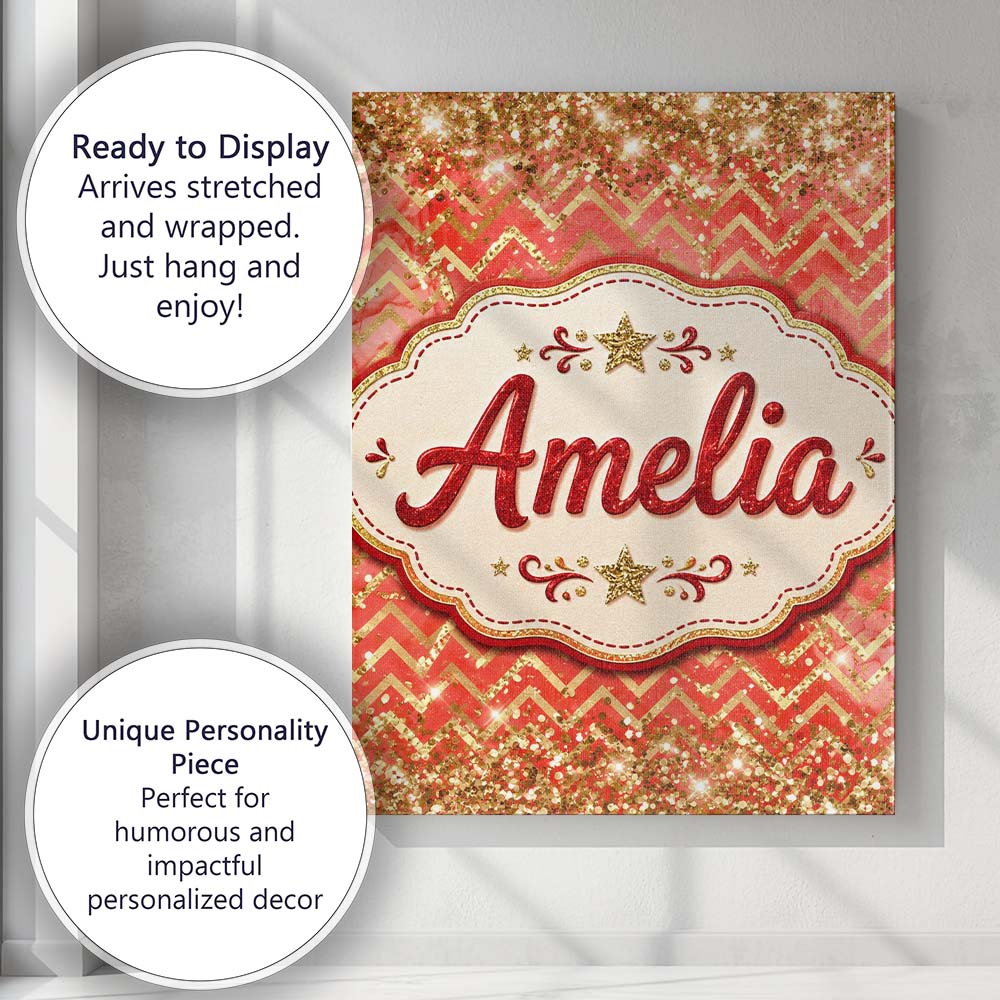 Personalised Name Gold Glitter Chevron Custom Modern Room Accent Elegant Feature Canvas Wall Art Print Decor Picture Ready to Hang