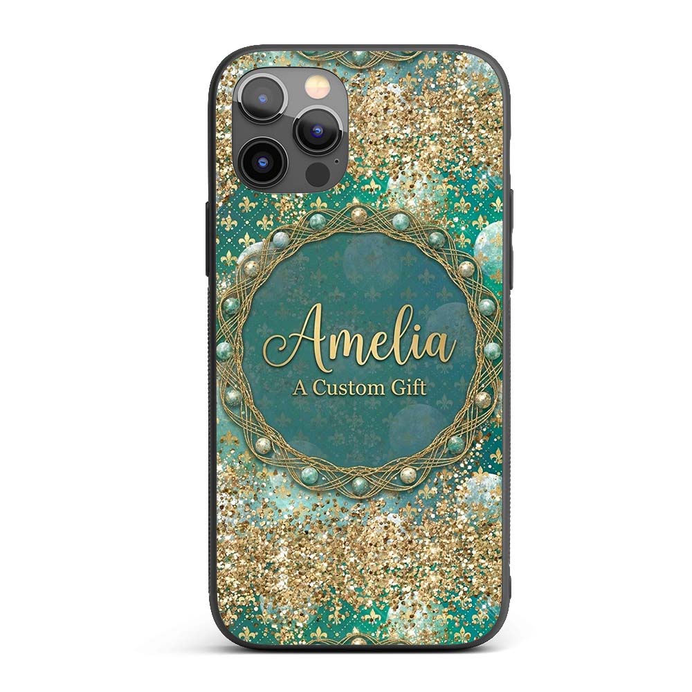 Teal Gold Fleur Moon Glitter Elegant Seamless Custom Name Protective Phone Case Mobile Cover Durable Everyday Smartphone Shock Resistant