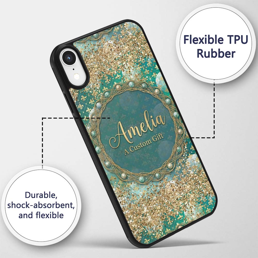 Teal Gold Fleur Moon Glitter Elegant Seamless Custom Name Protective Phone Case Mobile Cover Durable Everyday Smartphone Shock Resistant