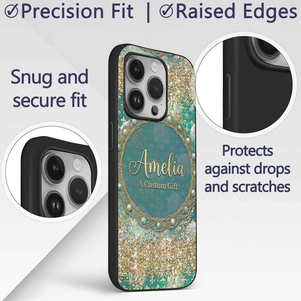 Teal Gold Fleur Moon Glitter Elegant Seamless Custom Name Protective Phone Case Mobile Cover Durable Everyday Smartphone Shock Resistant