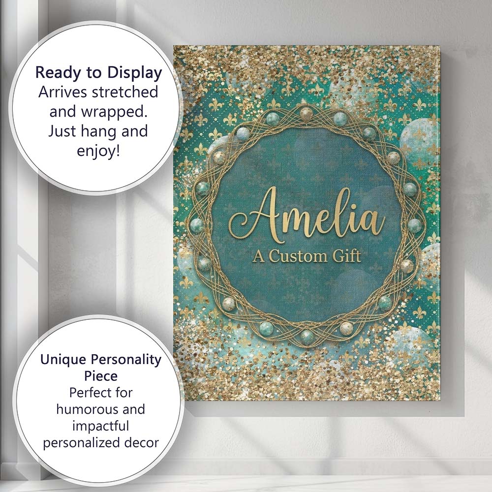 Personalised Name Teal Gold Fleur Moon Custom Modern Room Accent Elegant Feature Canvas Wall Art Print Decor Picture Ready to Hang