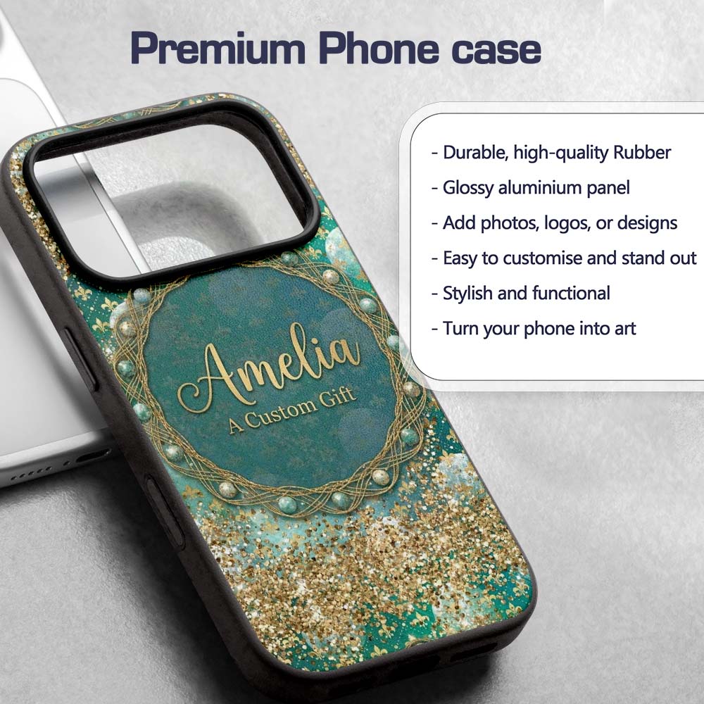 Teal Gold Fleur Moon Glitter Elegant Seamless Custom Name Protective Phone Case Mobile Cover Durable Everyday Smartphone Shock Resistant