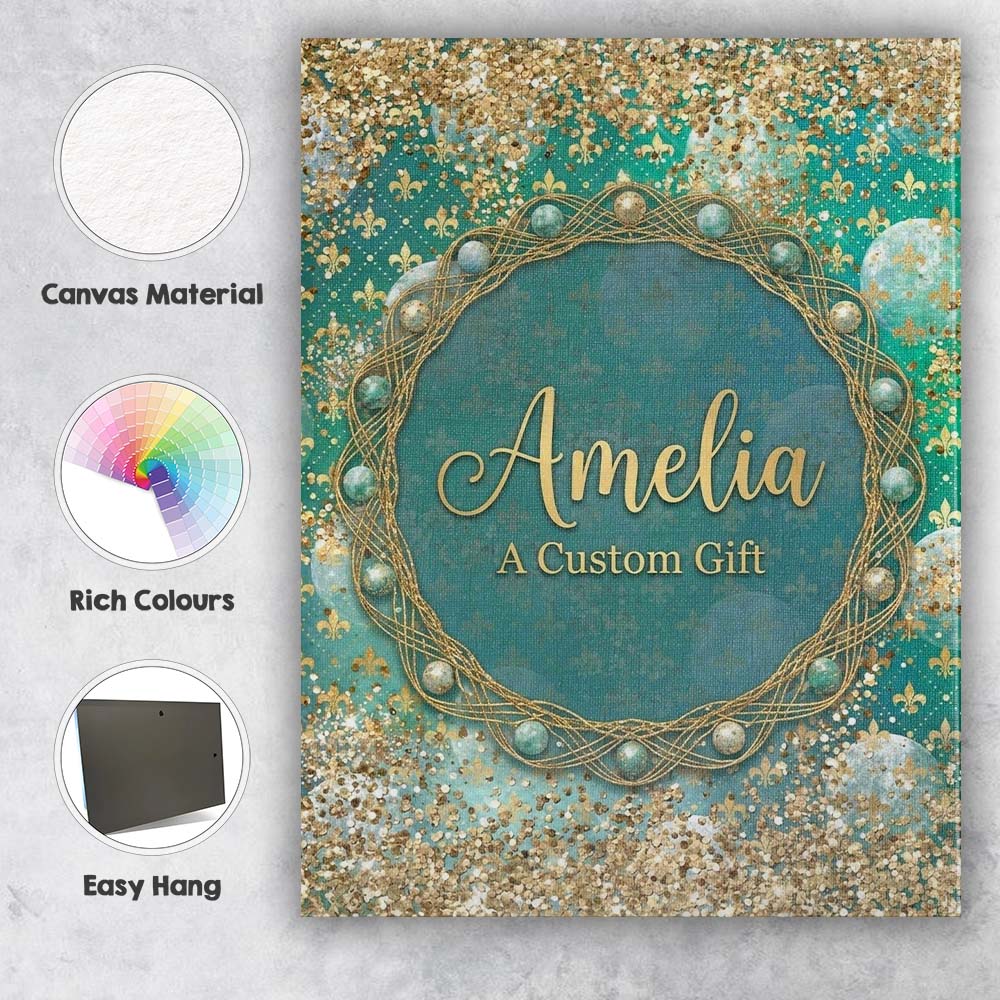 Personalised Name Teal Gold Fleur Moon Custom Modern Room Accent Elegant Feature Canvas Wall Art Print Decor Picture Ready to Hang