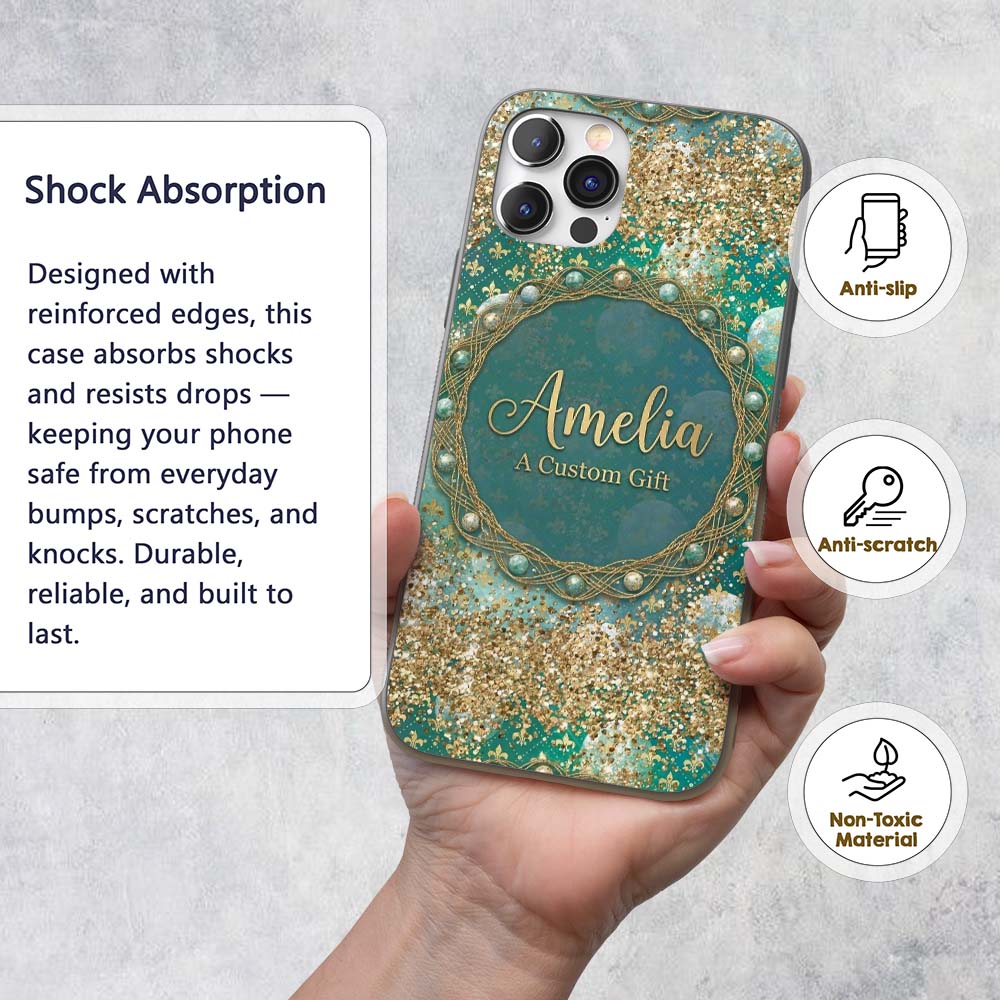Teal Gold Fleur Moon Glitter Elegant Seamless Custom Name Protective Phone Case Mobile Cover Durable Everyday Smartphone Shock Resistant