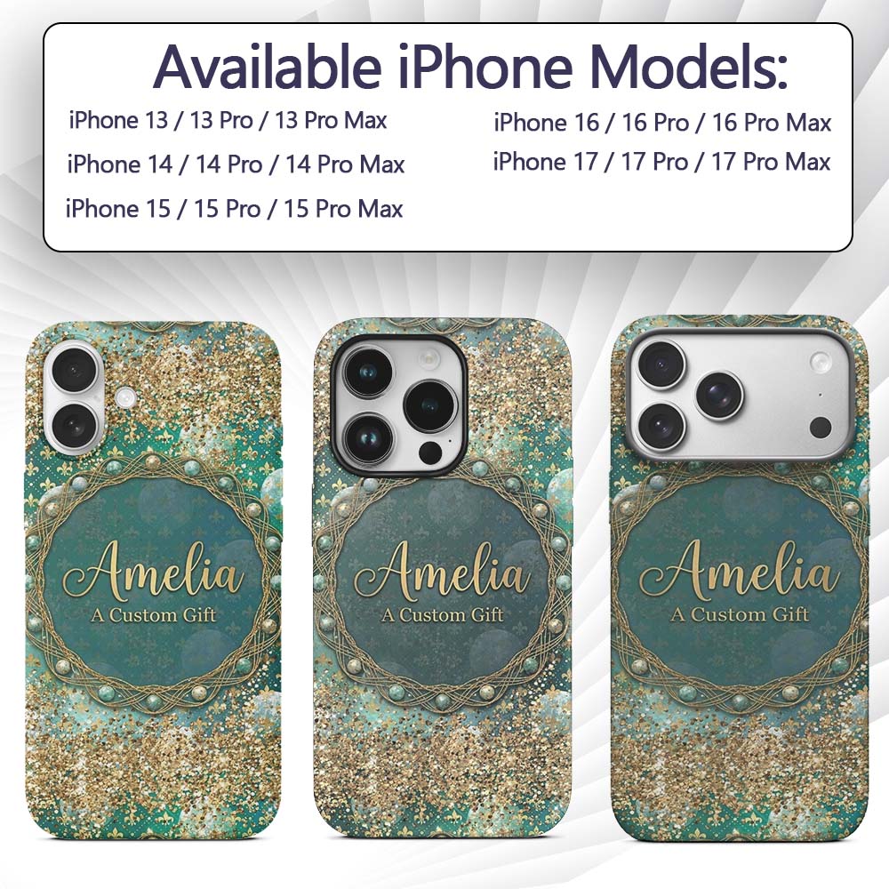 Teal Gold Fleur Moon Glitter Elegant Seamless Custom Name Protective Phone Case Mobile Cover Durable Everyday Smartphone Shock Resistant