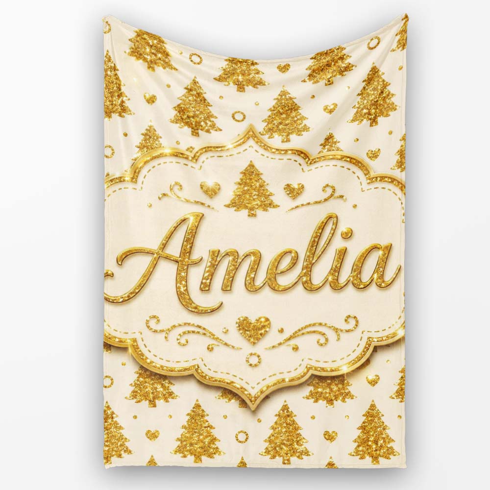 Gold Christmas Tree Heart Glitter Seamless Pattern Cute Unique Gift Personalised Custom Name Super Soft Fleece Blanket Bed Sofa Throw