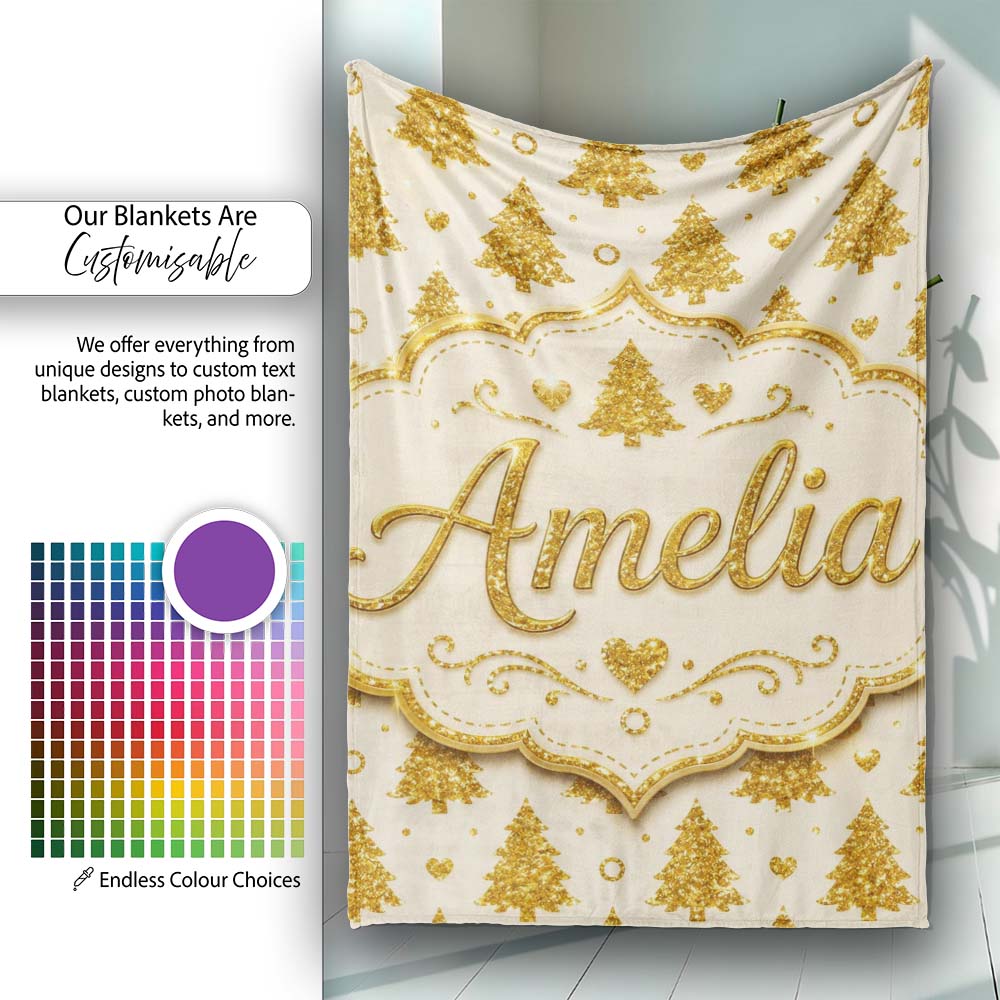 Gold Christmas Tree Heart Glitter Seamless Pattern Cute Unique Gift Personalised Custom Name Super Soft Fleece Blanket Bed Sofa Throw