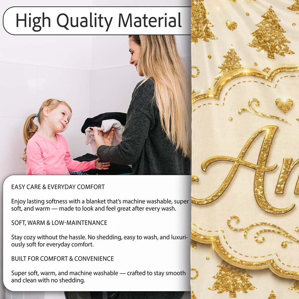 Gold Christmas Tree Heart Glitter Seamless Pattern Cute Unique Gift Personalised Custom Name Super Soft Fleece Blanket Bed Sofa Throw