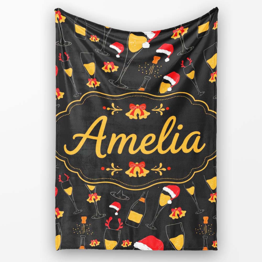 Festive Champagne Glass Santa Hat Christmas Seamless Pattern Lovely Personalised Custom Name Super Soft Fleece Blanket Bed Sofa Throw