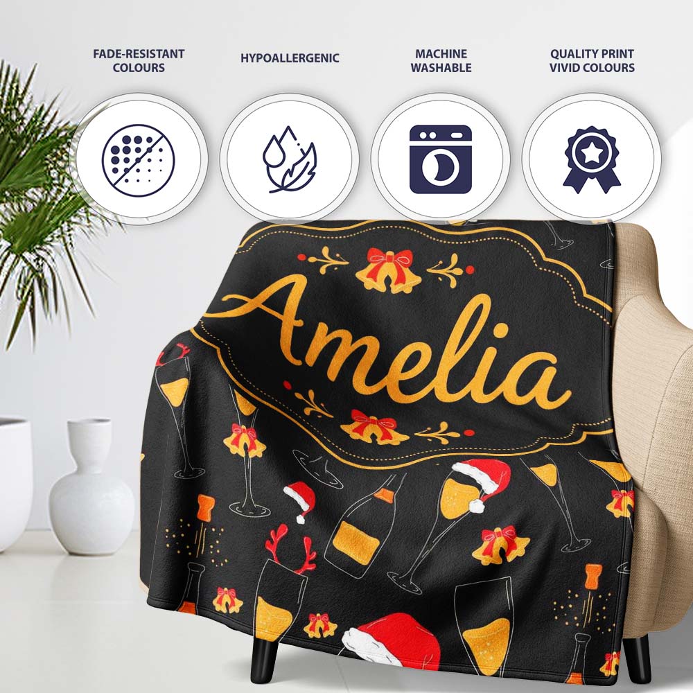 Festive Champagne Glass Santa Hat Christmas Seamless Pattern Lovely Personalised Custom Name Super Soft Fleece Blanket Bed Sofa Throw