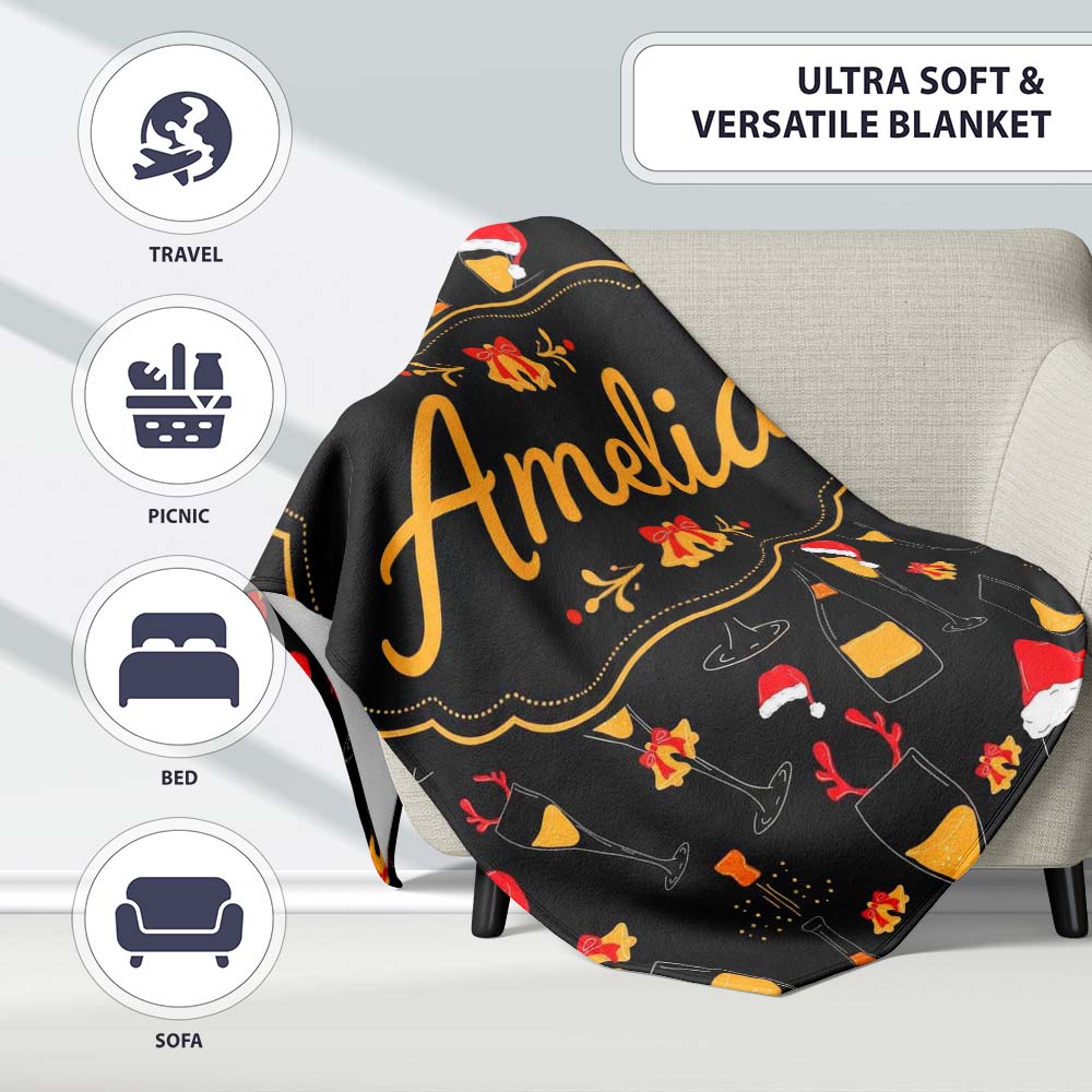 Festive Champagne Glass Santa Hat Christmas Seamless Pattern Lovely Personalised Custom Name Super Soft Fleece Blanket Bed Sofa Throw