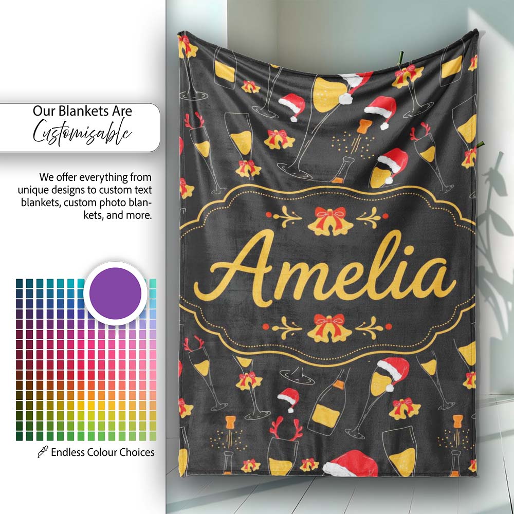 Festive Champagne Glass Santa Hat Christmas Seamless Pattern Lovely Personalised Custom Name Super Soft Fleece Blanket Bed Sofa Throw