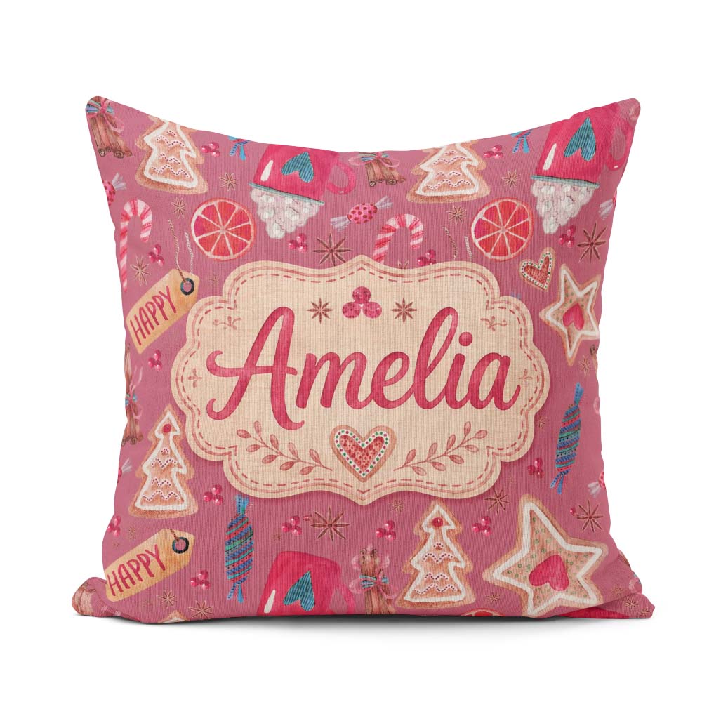 Custom Name Watercolor Christmas Cookies Candy Festive Seamless Square Filled Cushion Throw Pillow Sofa Bed Home Decor Zip Washable UK Made